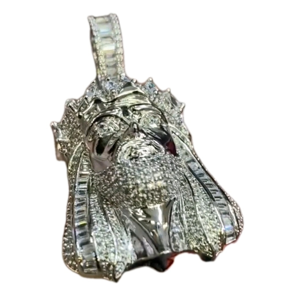 Jesus Pendant/ White Gold Plated .925 Sterling Silver w Mossinite Clear  Stones - Picture 6 of 12